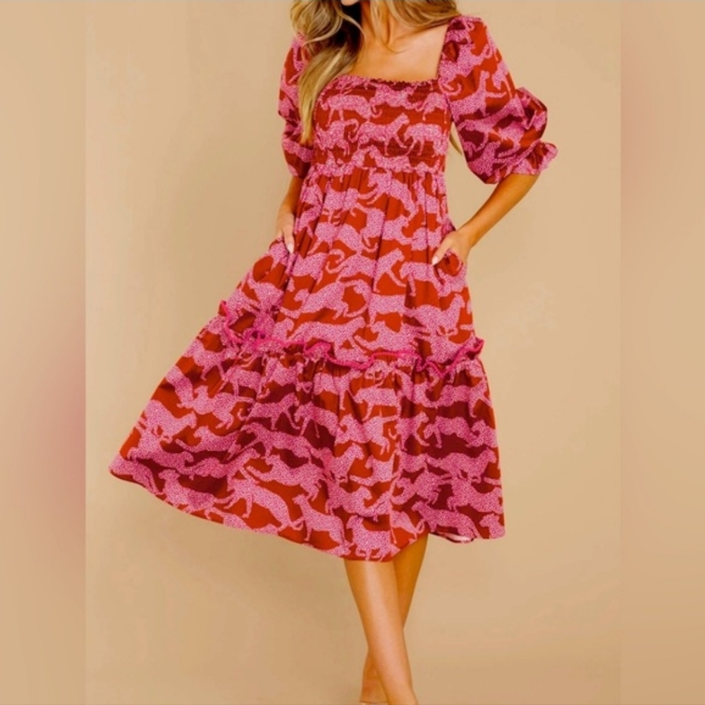 Crosby by Mollie Burch Jumping Jaguars Print Smocked Midi Dress